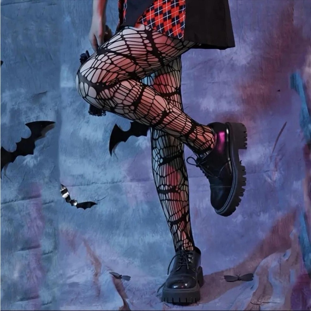 Black Bat Patterned Fishnet Tights, High Waist Footed Pantyhose One Size - Picture 11 of 11